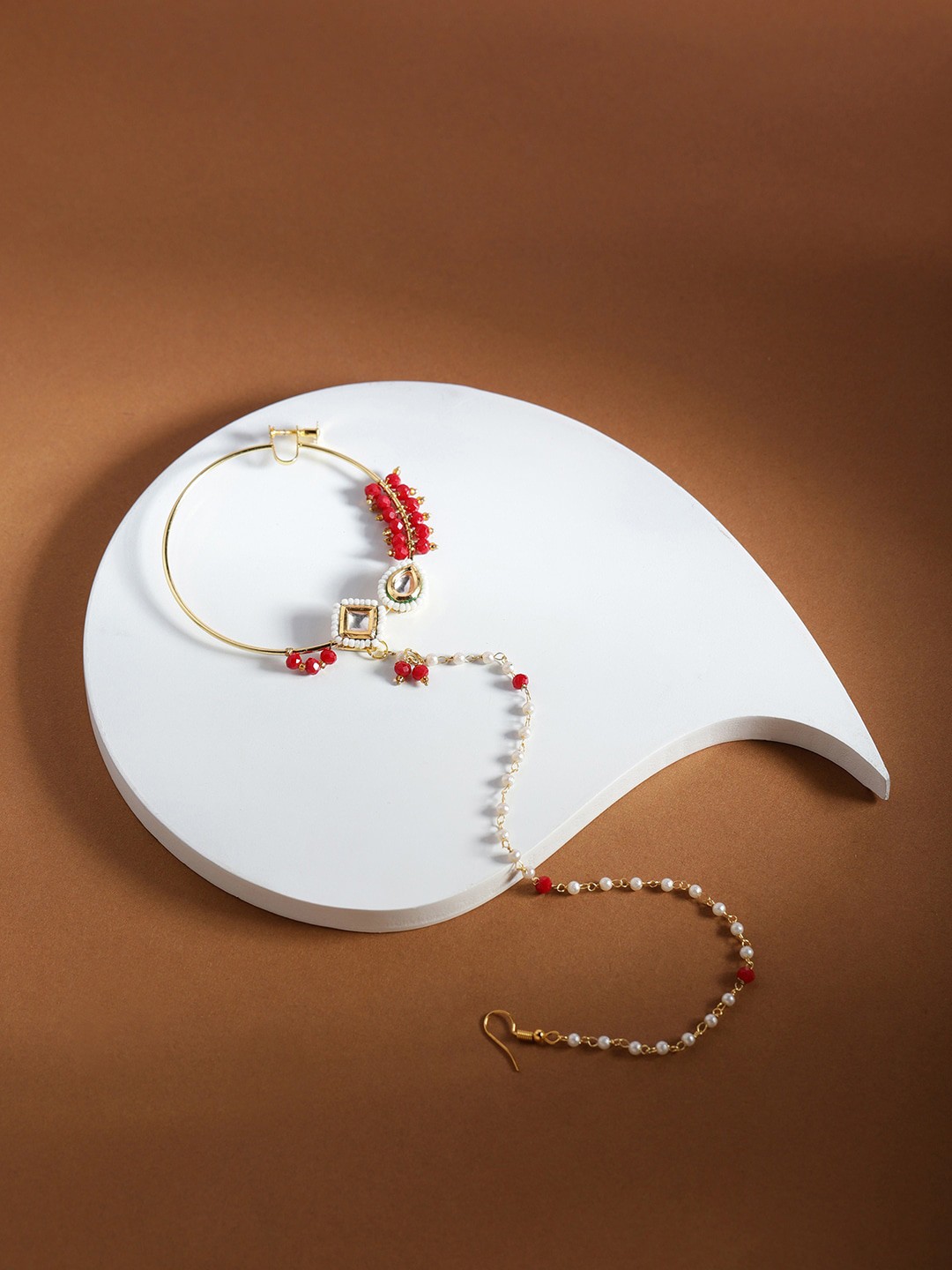 

Ruby Raang Gold-Plated White & Red Stone-Studded & Pearl Beaded Nosepin