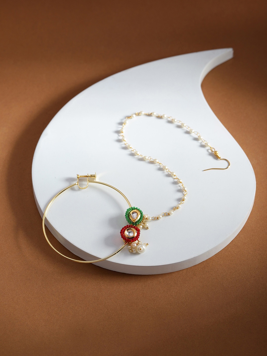 

Ruby Raang Gold-Plated White & Red Stone-Studded & Pearl Beaded Nosepin