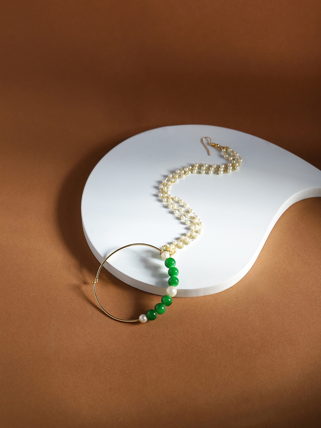 

Ruby Raang Gold-Plated White & Green Stone-Studded & Pearl Beaded Nosepin