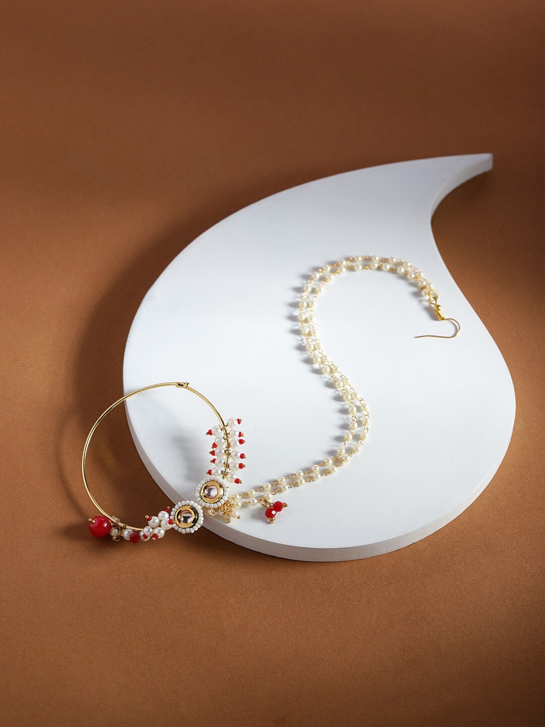 

Ruby Raang Gold-Plated White & Red Kundan Studded & Beaded Chained Nose Ring