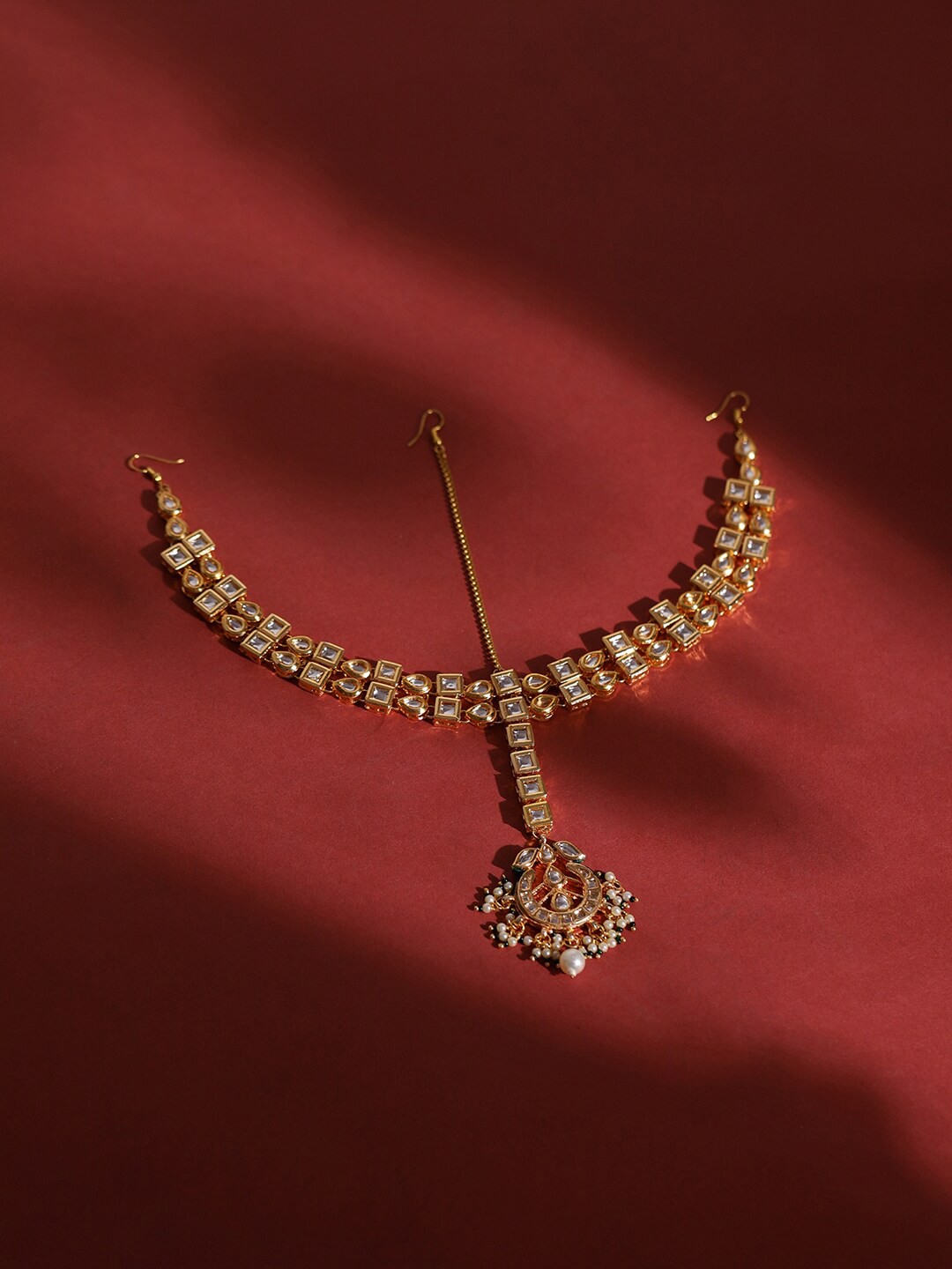 

Ruby Raang Gold-Plated White & Green Kundan-Studded & Pearl Beaded Matha Patti