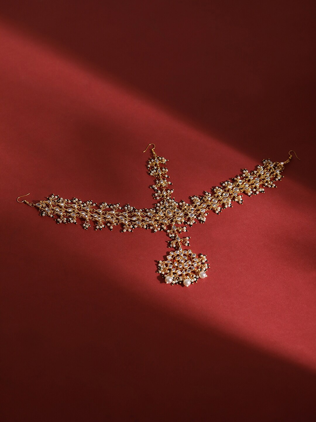 

Ruby Raang Gold-Plated White & Green Kundan-Studded & Pearl Beaded Matha Patti