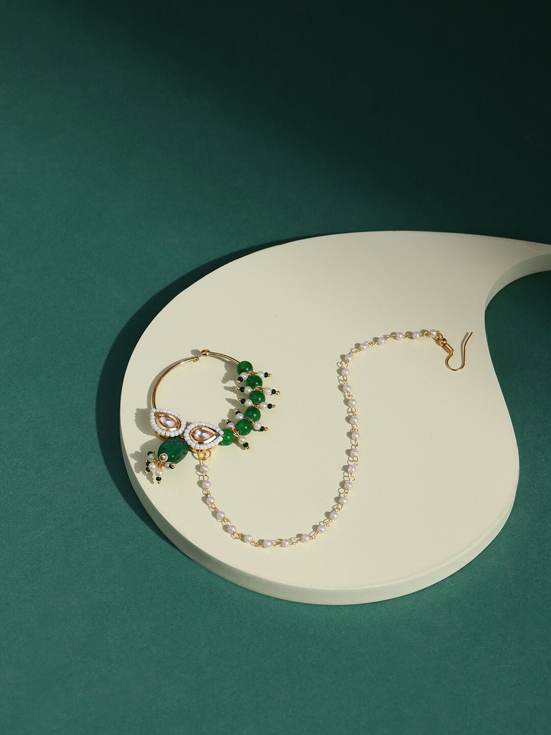 

Ruby Raang Gold Plated White & Green Kundan Studded & Beaded Chain Nose Pin