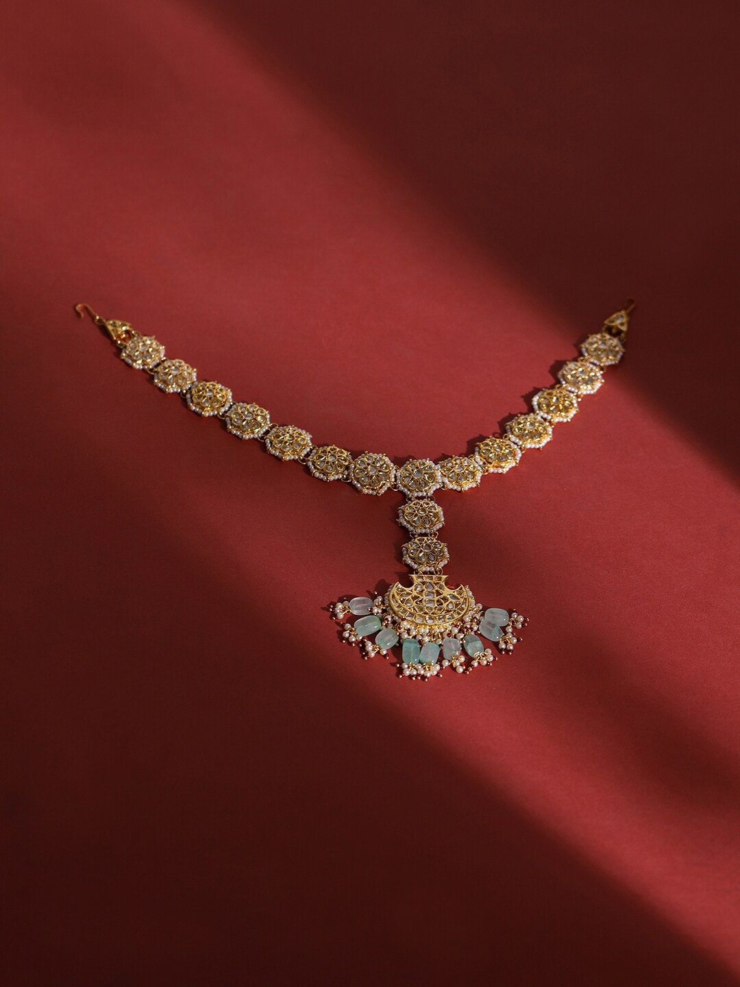 

Ruby Raang Gold-Plated White & Blue Kundan-Studded & Pearl Beaded Matha Patti
