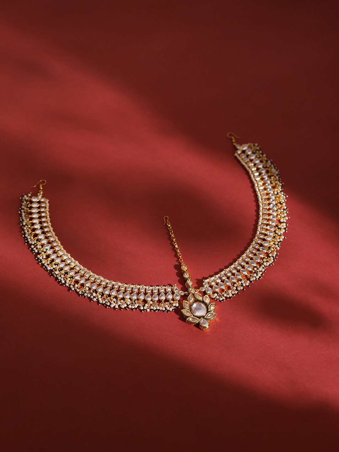 

Ruby Raang Gold-Plated Green & White Kundan-Studded & Beaded Matha Patti