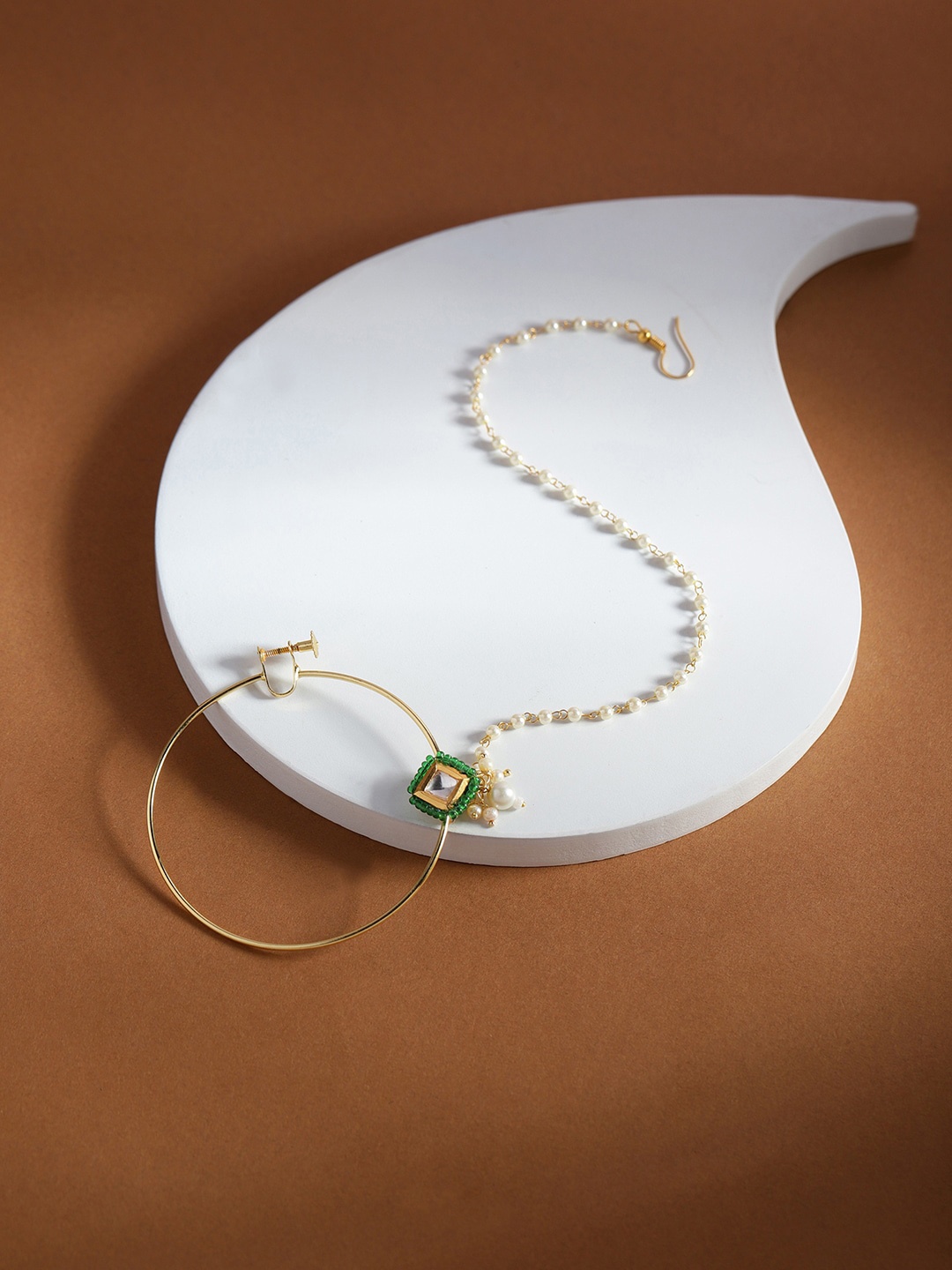 

Ruby Raang Gold-Plated Green & White Kundan Studded & Beaded Chained Nosepin