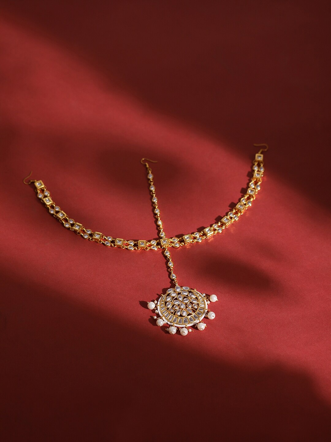 

Ruby Raang Gold-Plated White Kundan-Studded & Pearl Beaded Matha Patti