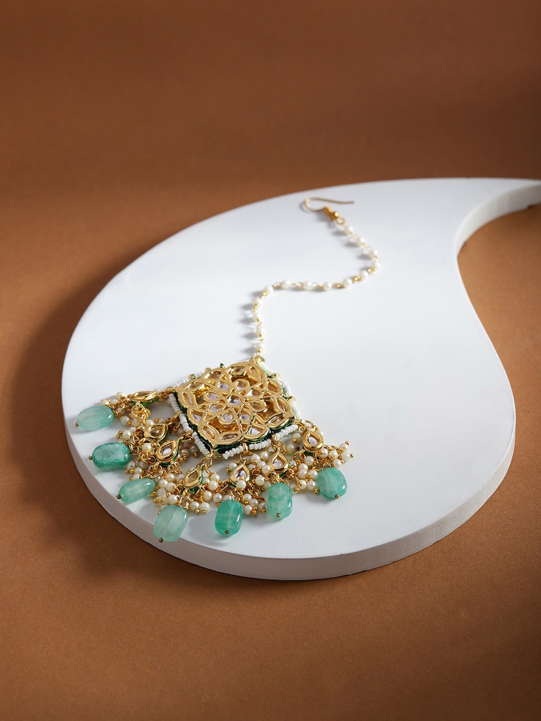 

Ruby Raang White & Blue Gold-Plated Kundan-Studded & Beaded Maang Tikka