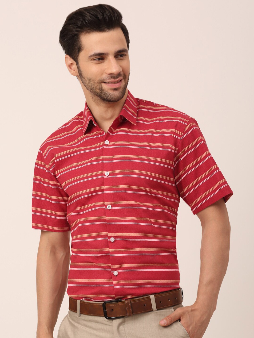 

JAINISH Men Classic Regular Fit Horizontal Striped Cotton Formal Shirt, Maroon