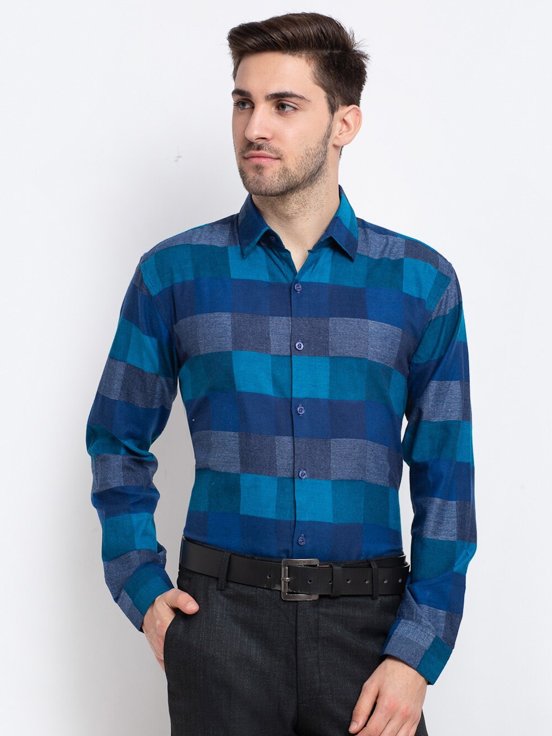 

JAINISH Men Classic Regular Fit Buffalo Checked Cotton Formal Shirt, Blue