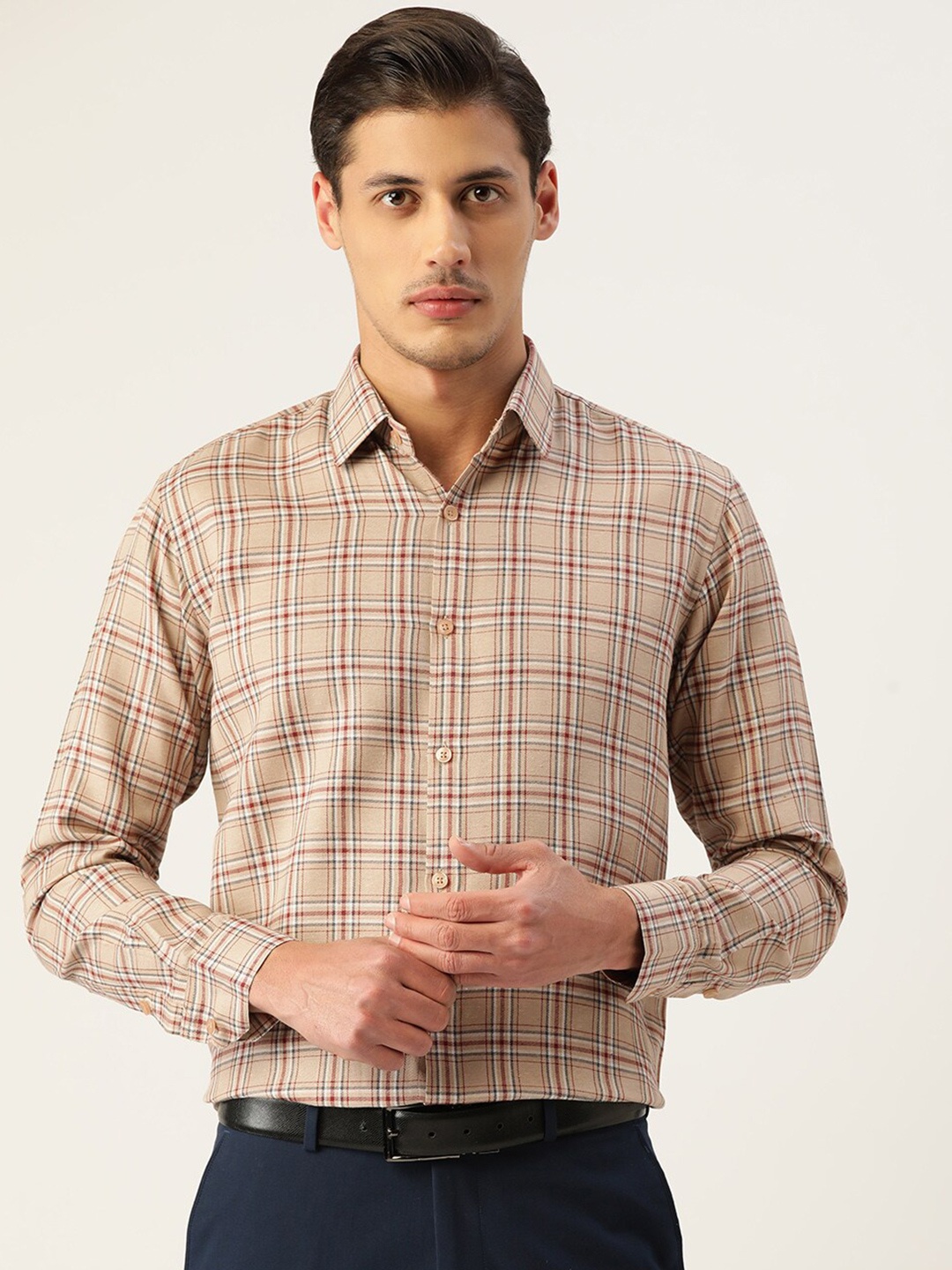 

JAINISH MenClassic Regular Fit Tartan Checked Cotton Formal Shirt, Brown
