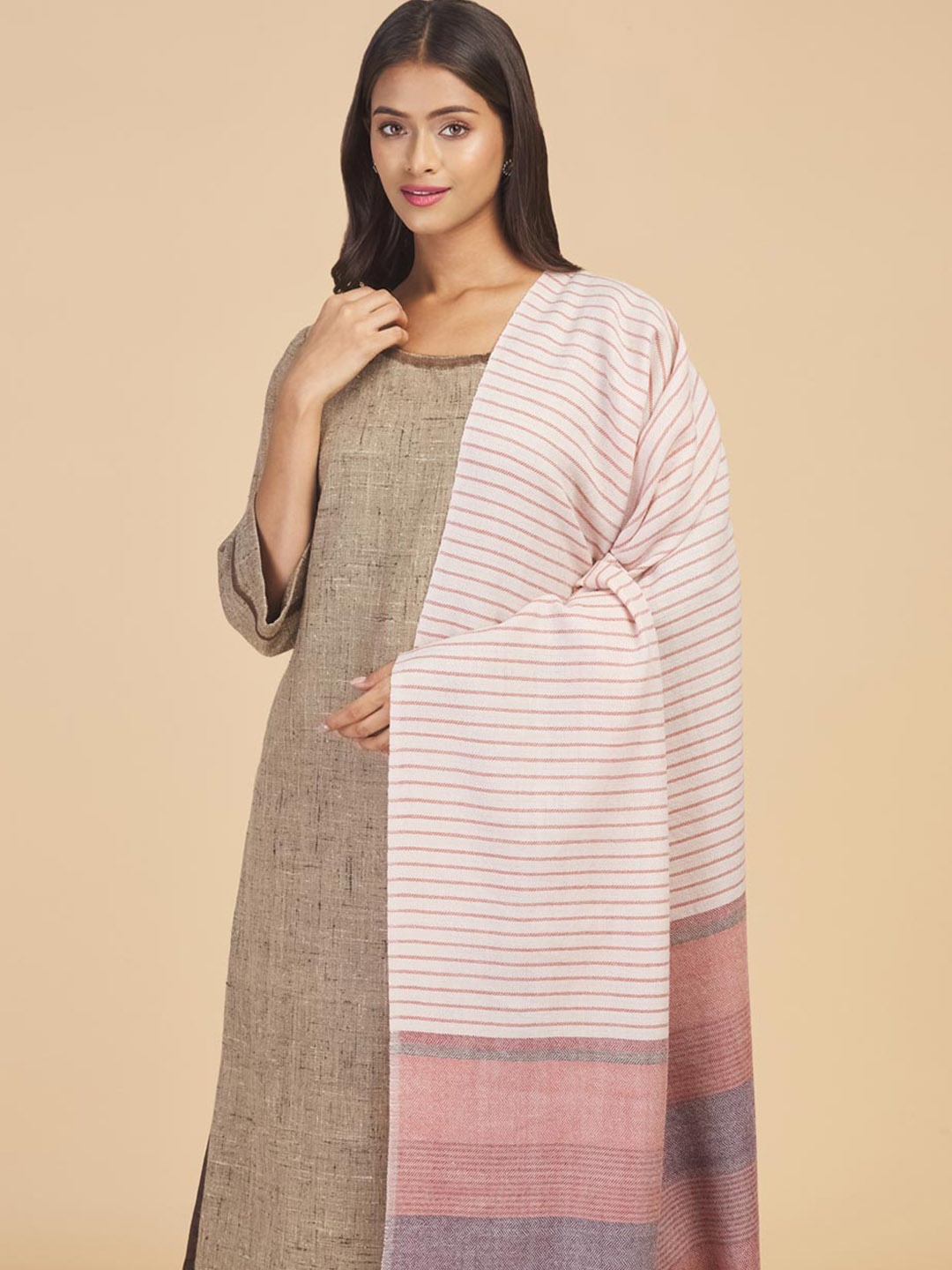

Fabindia Women Cream Printed Striped Woolen Shawl