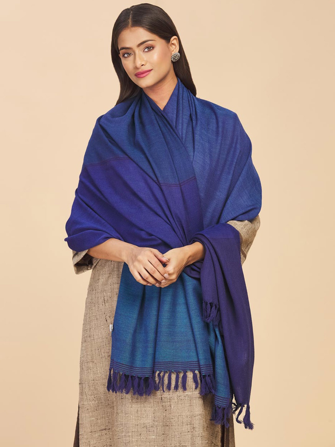 

Fabindia Women Navy Blue Solid Pure Woolen Shawl