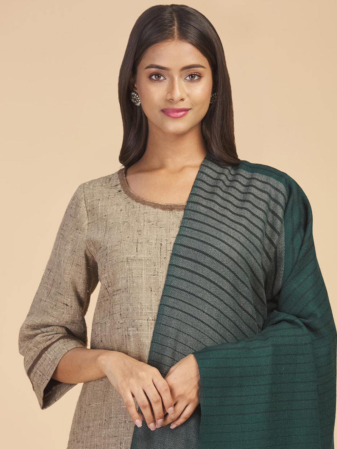 

Fabindia Women Green Striped Pure Wool Shawl
