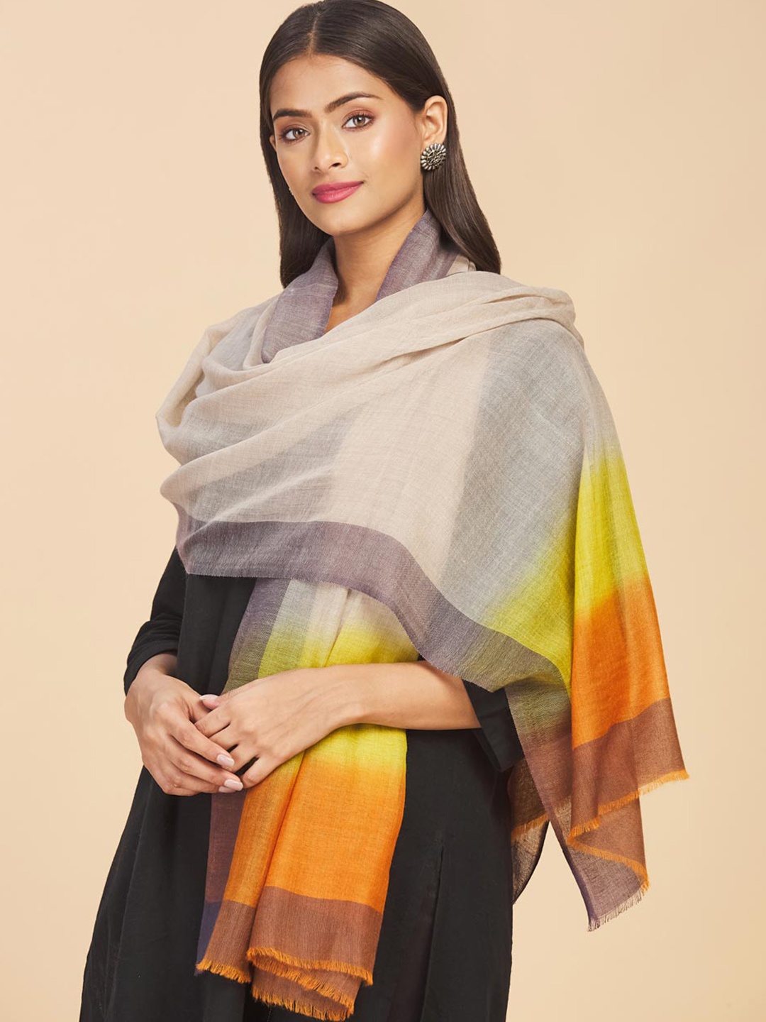 

Fabindia Women Beige & Yellow Colourblocked Stole