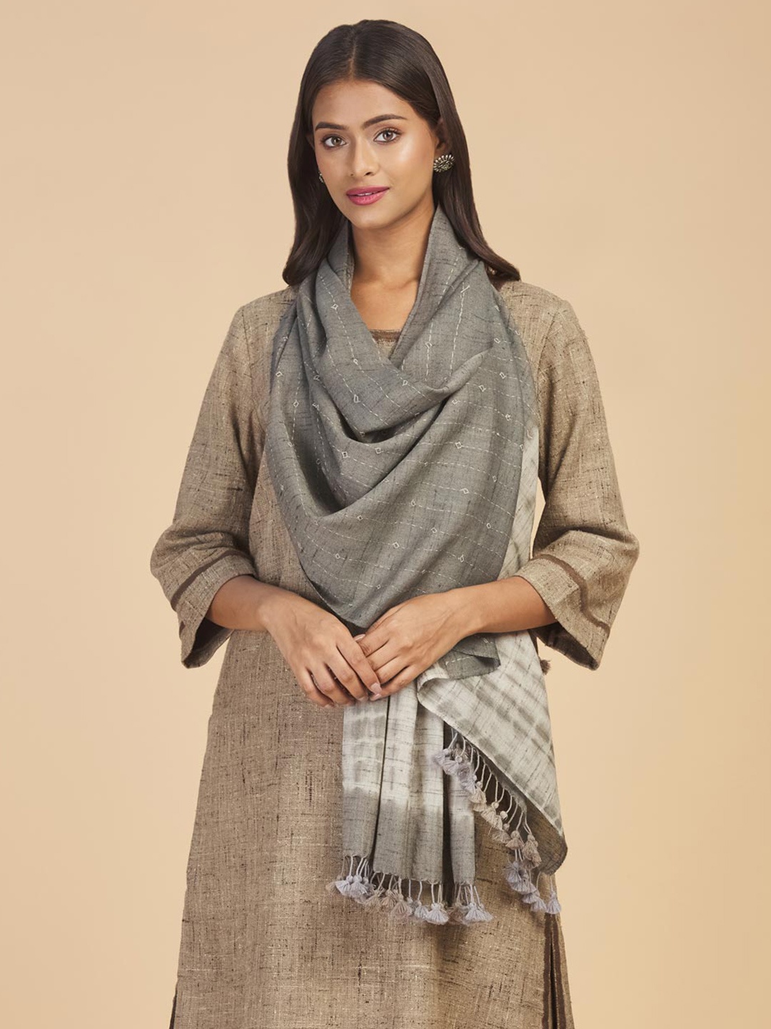 

Fabindia Women Grey & Brown Embroidered Stole