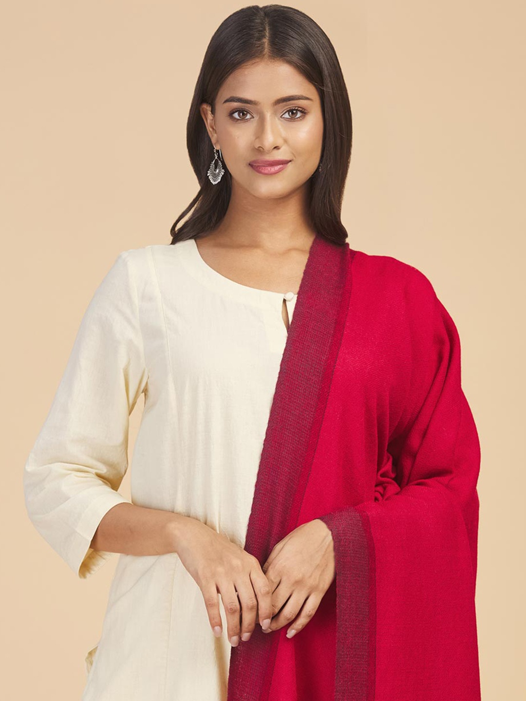 Fabindia Women Red Solid Woven-Design Woolen Shawl