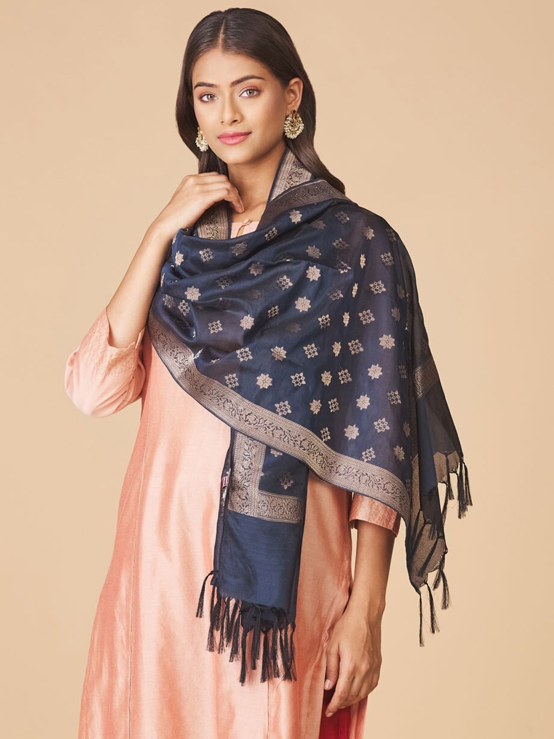 

Fabindia Women Navy Blue & Copper-Toned Woven Design Stole