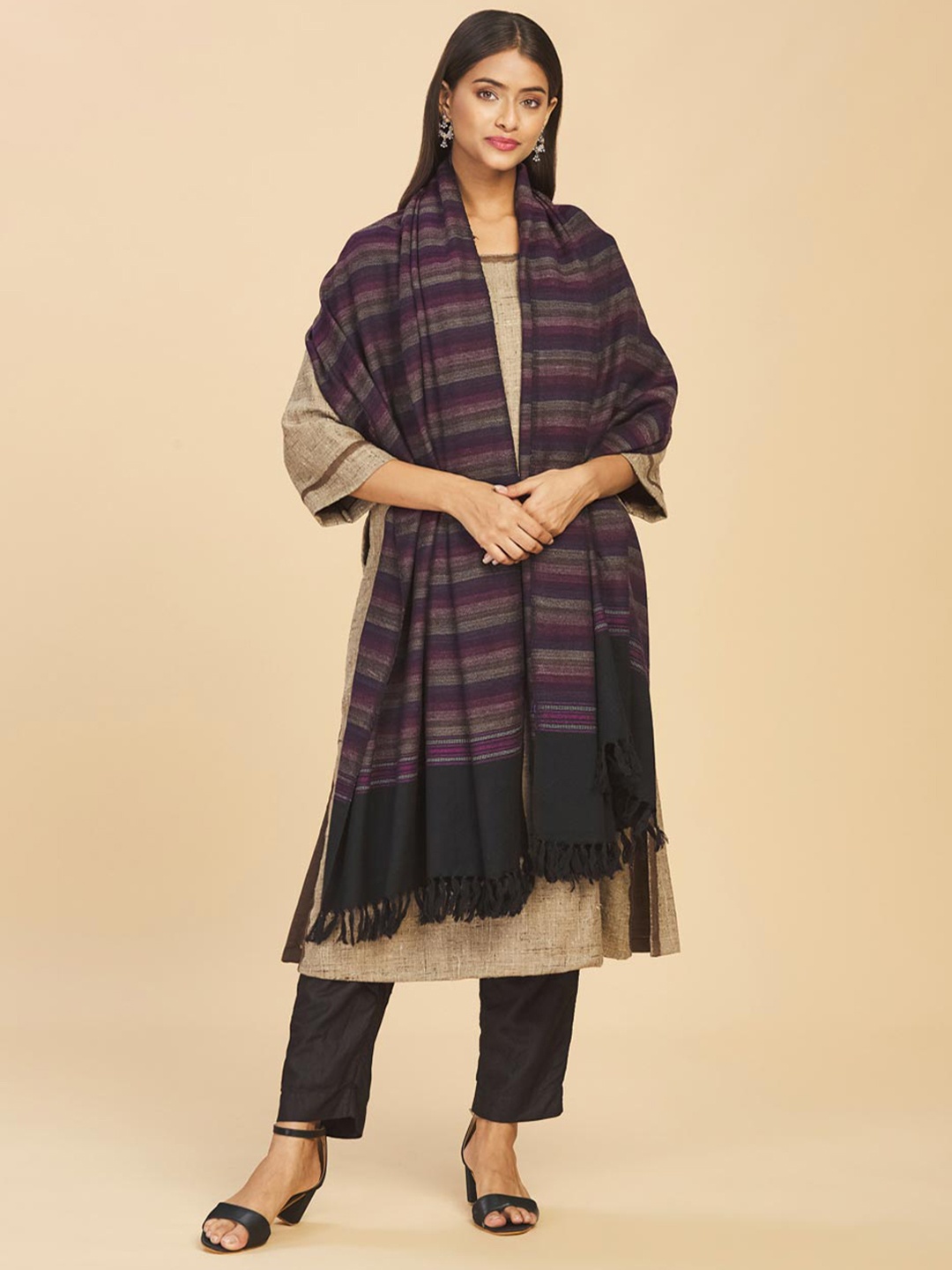 

Fabindia Women Purple Striped Woven-Design Woolen Shawl