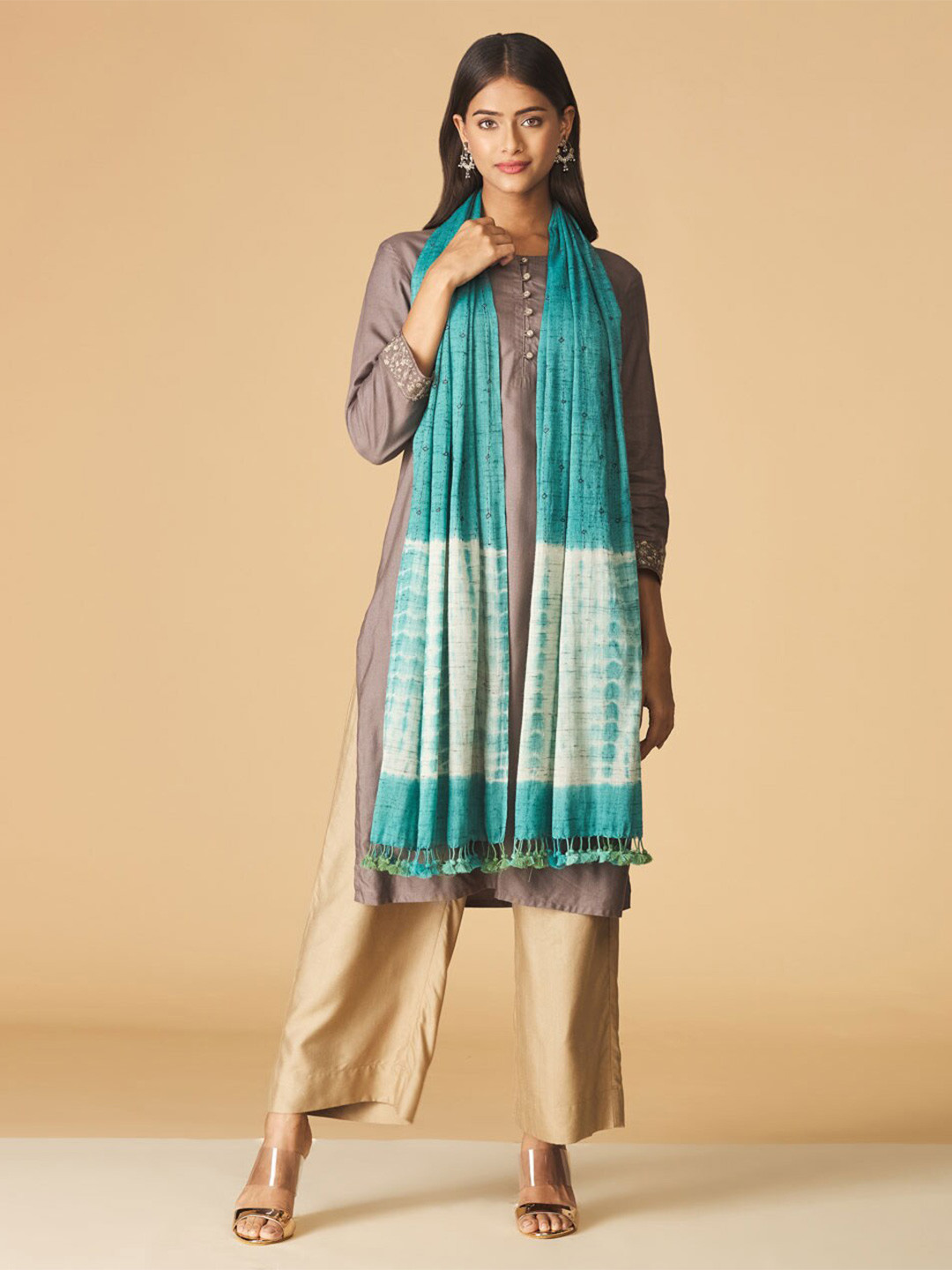 

Fabindia Women Teal & Beige Woven Design Stole