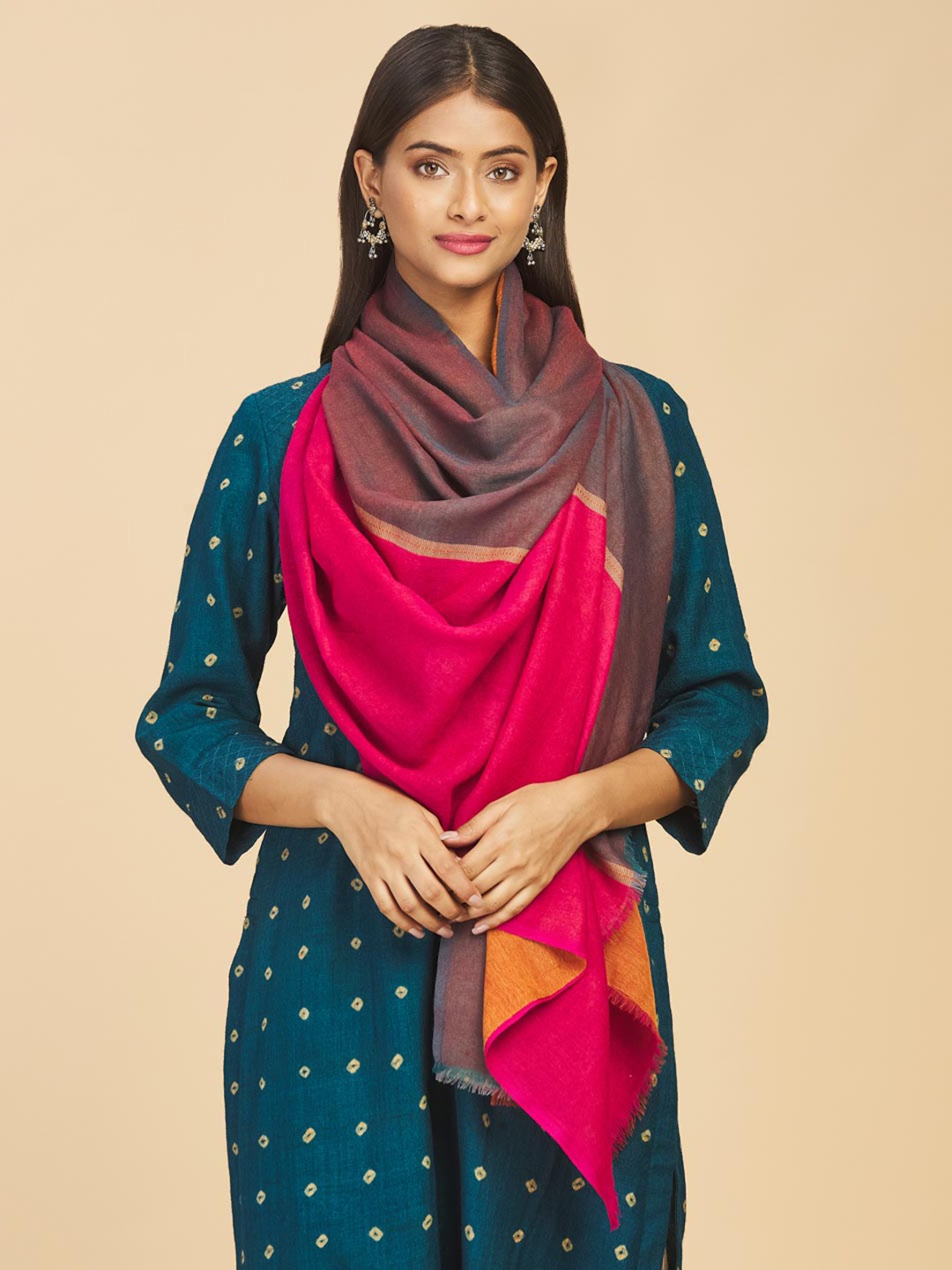 

Fabindia Women Pink & Blue Colourblocked Stole
