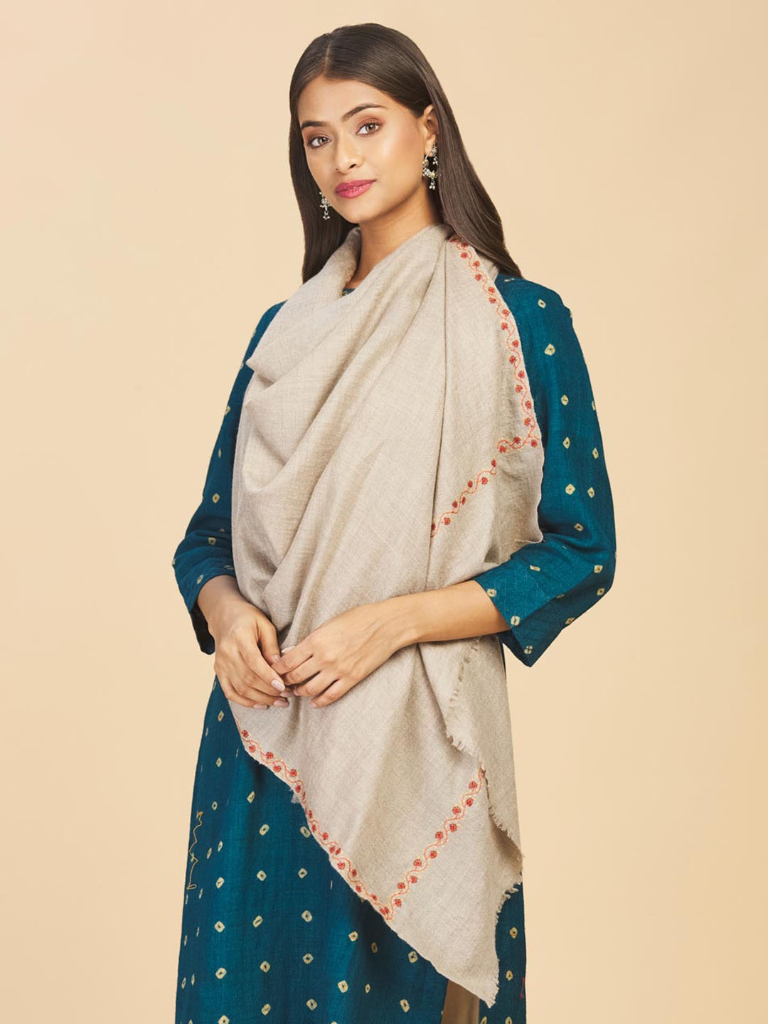 

Fabindia Women Beige & Red Embroidered Stole
