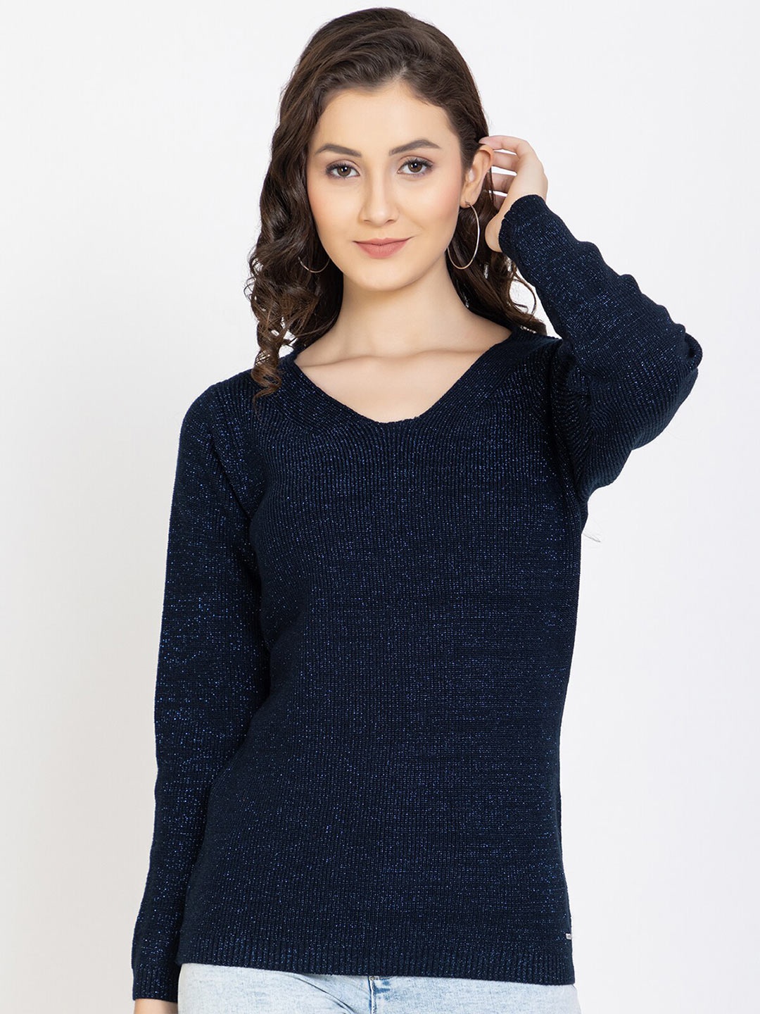 

GODFREY Women Navy Blue & Silver-Toned Ribbed Pullover