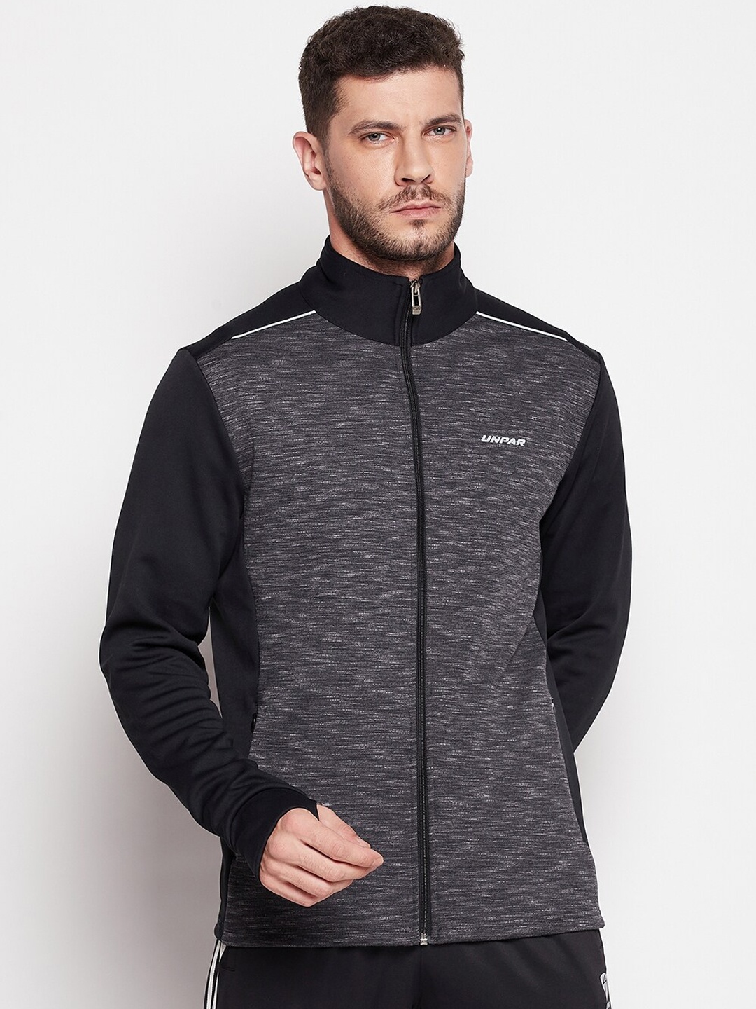 

UNPAR Men Black Grey Colourblocked Sporty Jacket