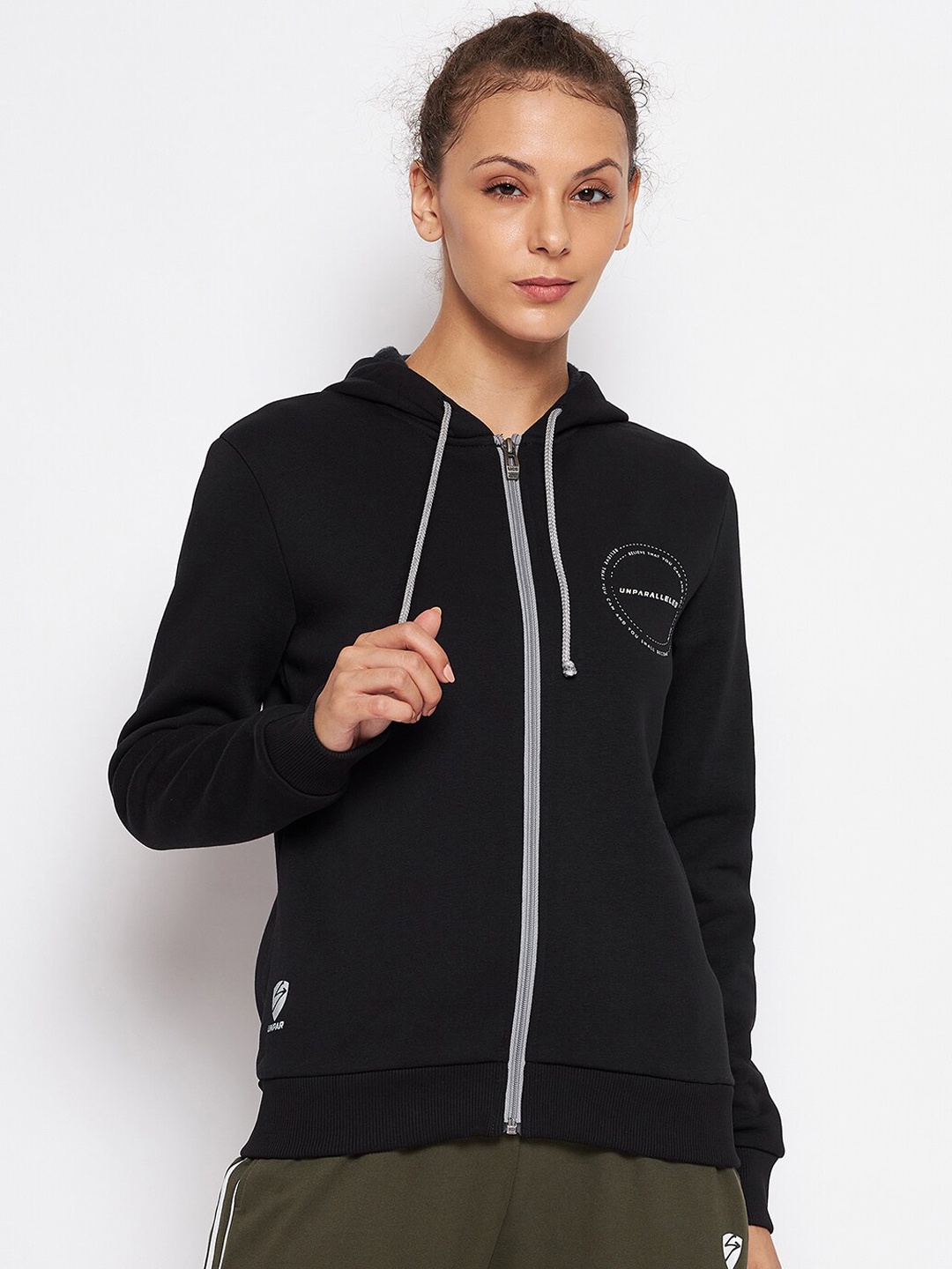 

UNPAR Women Black Typography Hooded Sporty Jacket