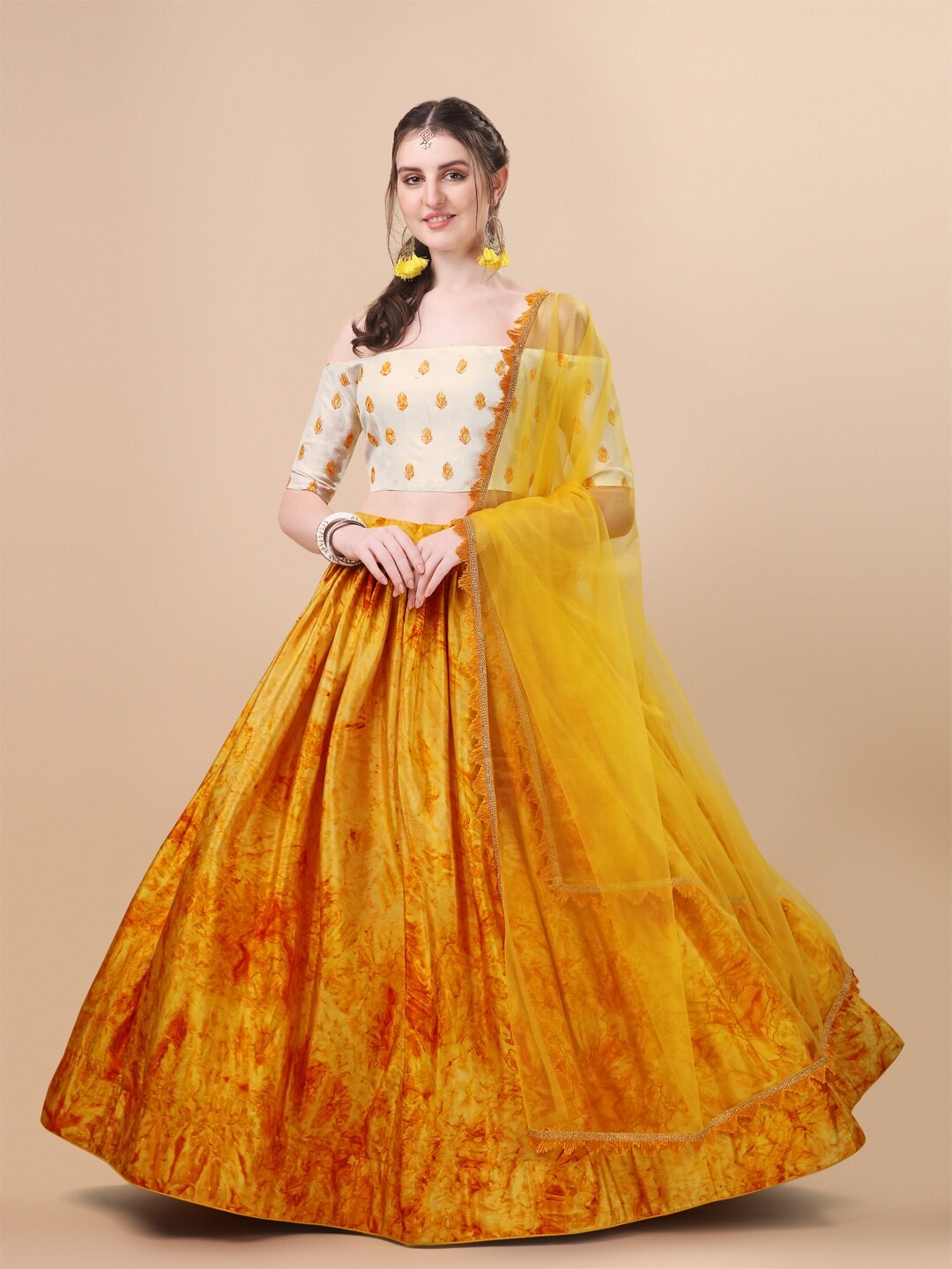 

Amrutam Fab Yellow & Off White Embroidered Semi-Stitched Lehenga & Unstitched Blouse With Dupatta