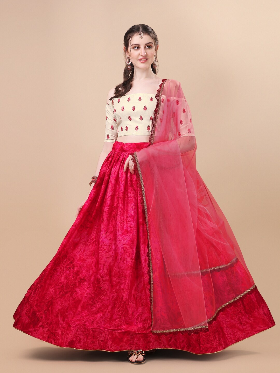 

Amrutam Fab Red & Beige Embroidered Semi-Stitched Lehenga & Unstitched Blouse With Dupatta