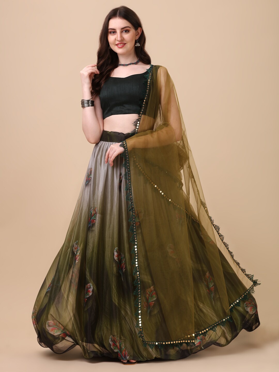 

Amrutam Fab Olive Green & Black Semi-Stitched Lehenga & Unstitched Blouse With Dupatta