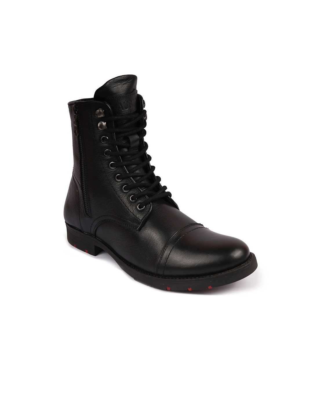 

FAUSTO Men Black Solid Leather Heeled Biker Boots