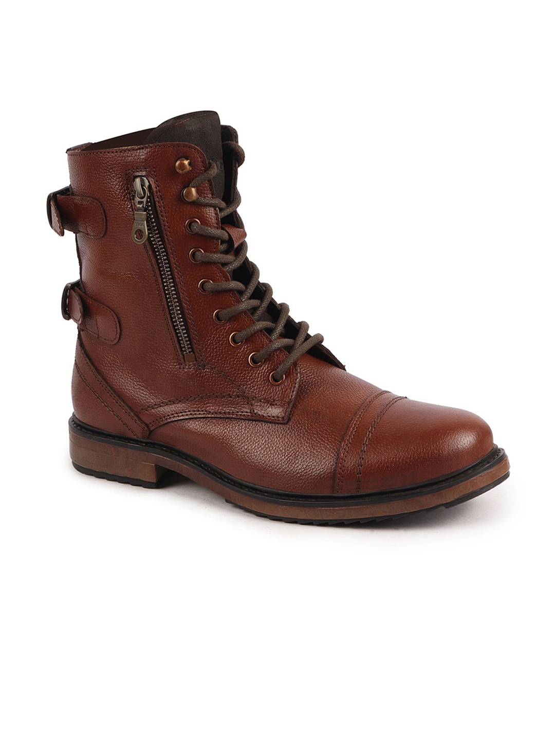 

FAUSTO Men Tan Brown Solid Leather Heeled Biker Boots