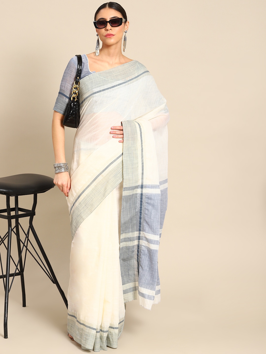 

Mitera White Linen Cotton Saree