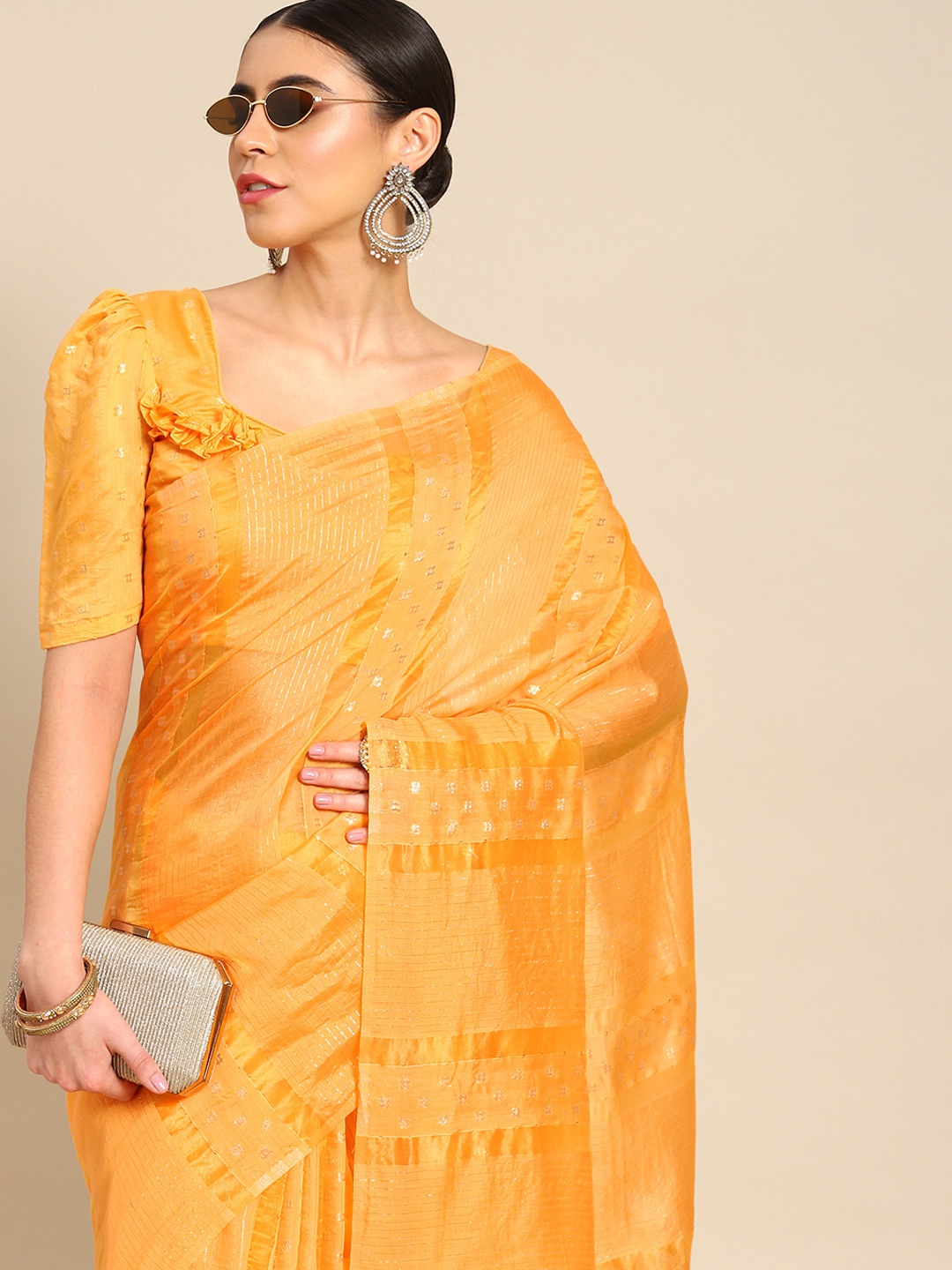 

Mitera Orange Striped Zari Banarasi Saree