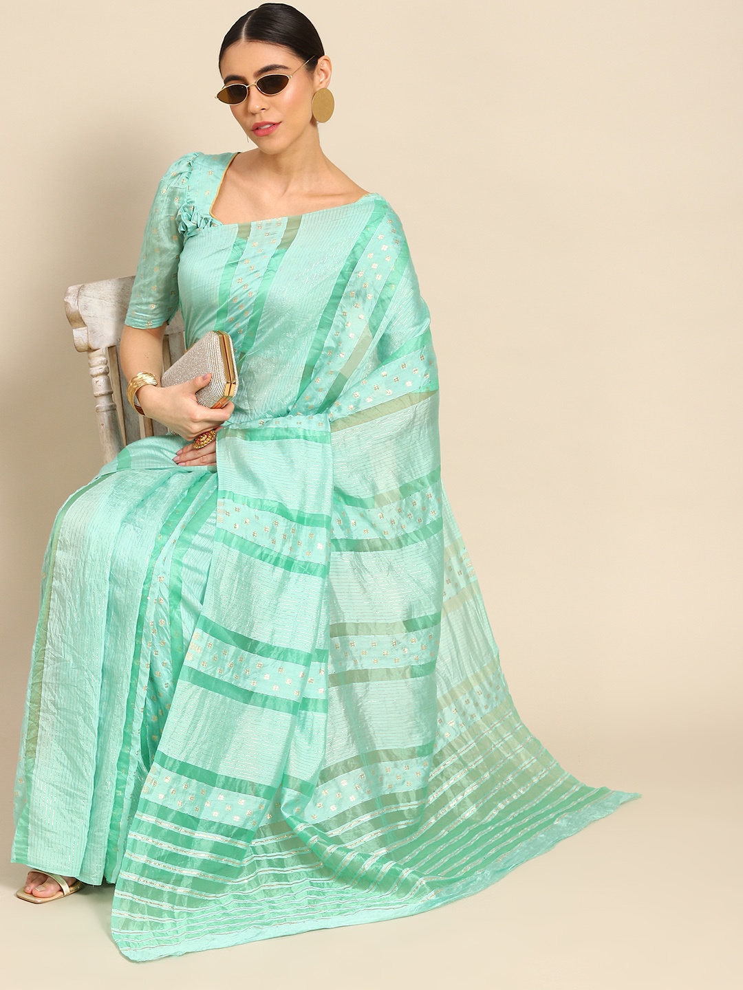 

Mitera Green Striped Zari Banarasi Saree