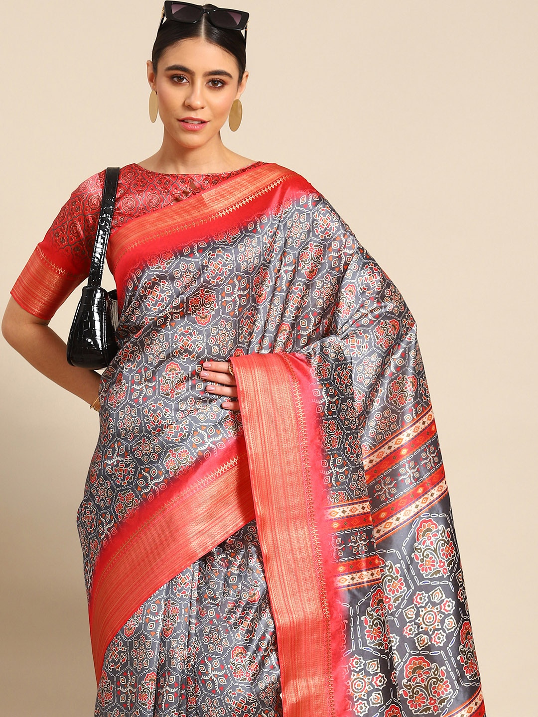 

Mitera Grey Ethnic Motifs Zari Silk Blend Banarasi Saree
