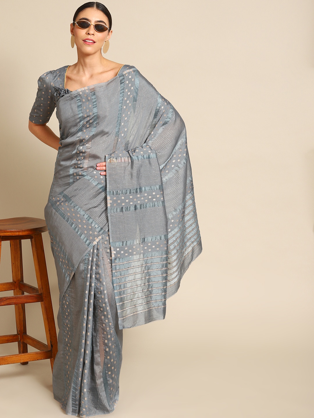 

Mitera Grey Striped Zari Banarasi Saree