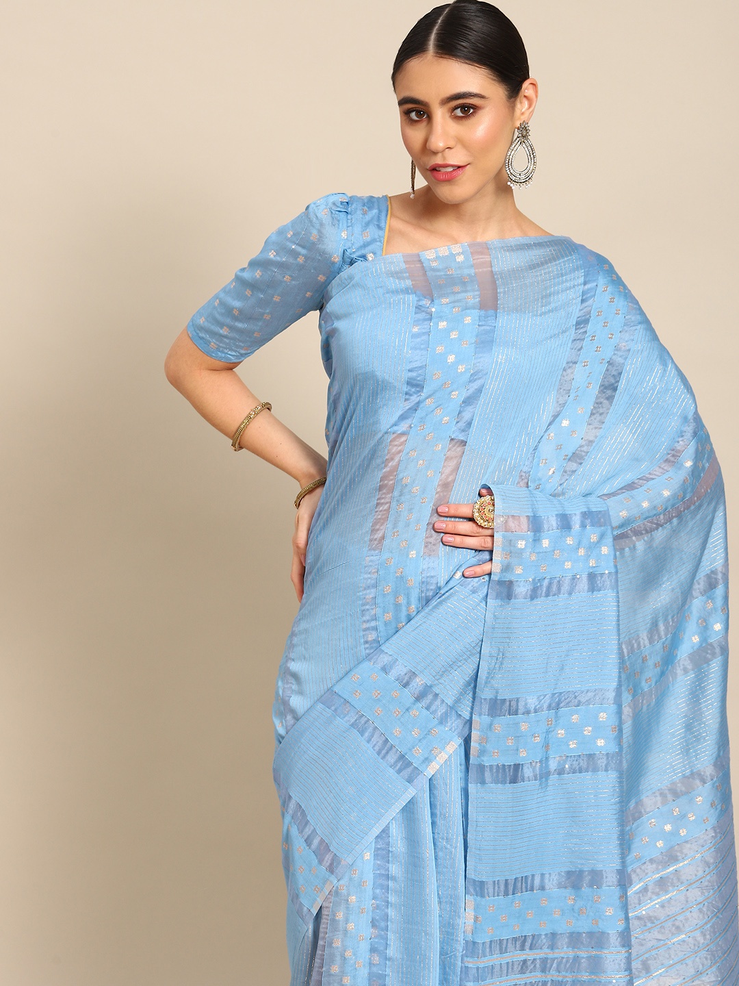 

Mitera Blue Striped Zari Banarasi Saree