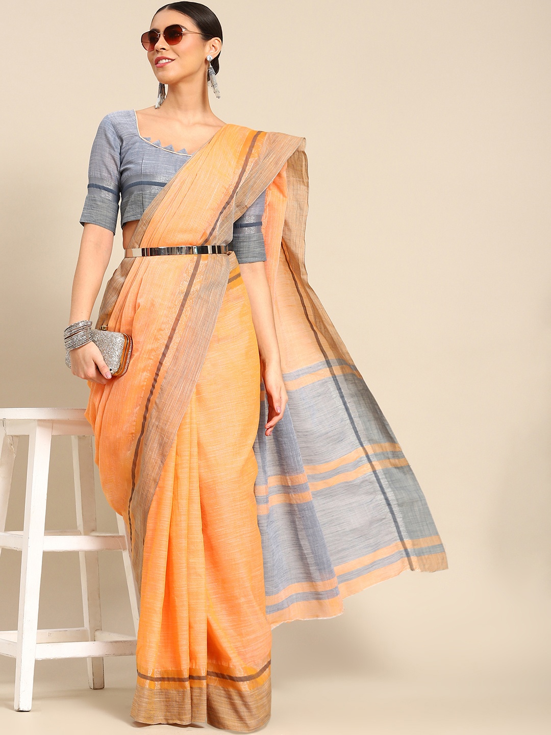 

Mitera Orange Linen Cotton Saree