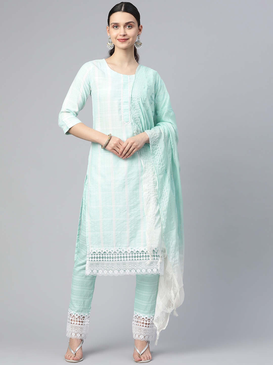 

RAJGRANTH Women Blue Printed Thread Work Kurta with Trousers & With Dupatta