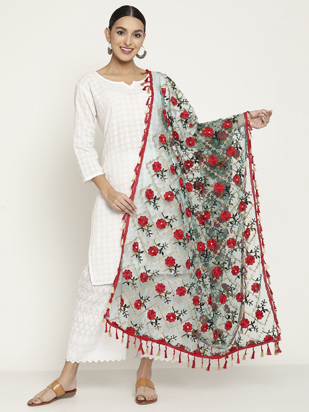 

Sugathari Women Red & Green Embroidered Beads and Stones Dupatta