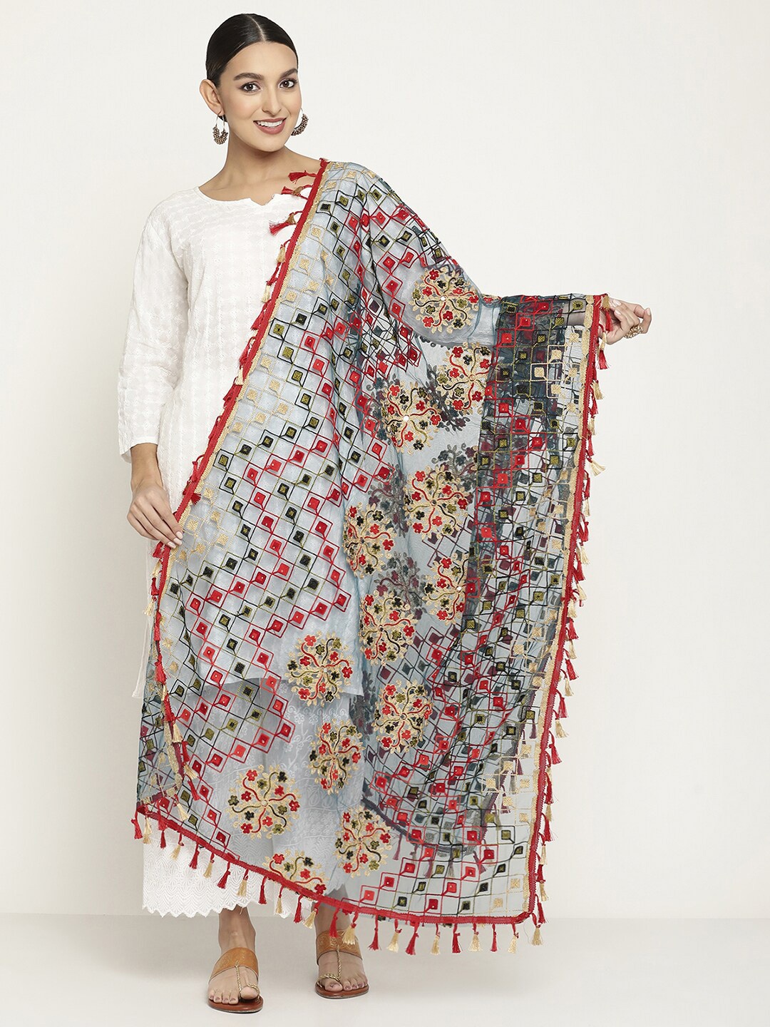 

Sugathari Women Navy Blue & Red Ethnic Motifs Embroidered Dupatta