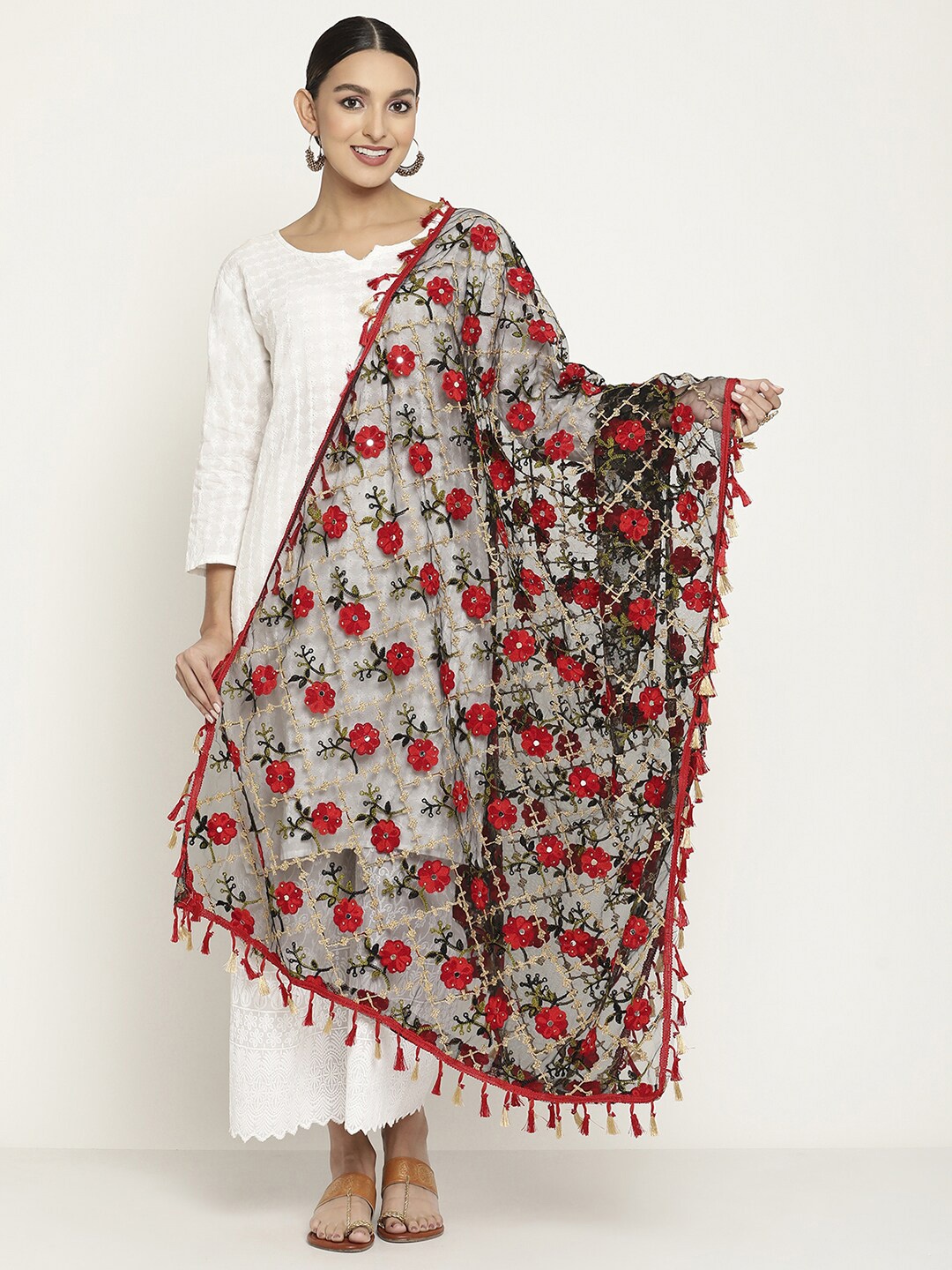 

Sugathari Black & Red Embroidered Fancy phulkari work Dupatta