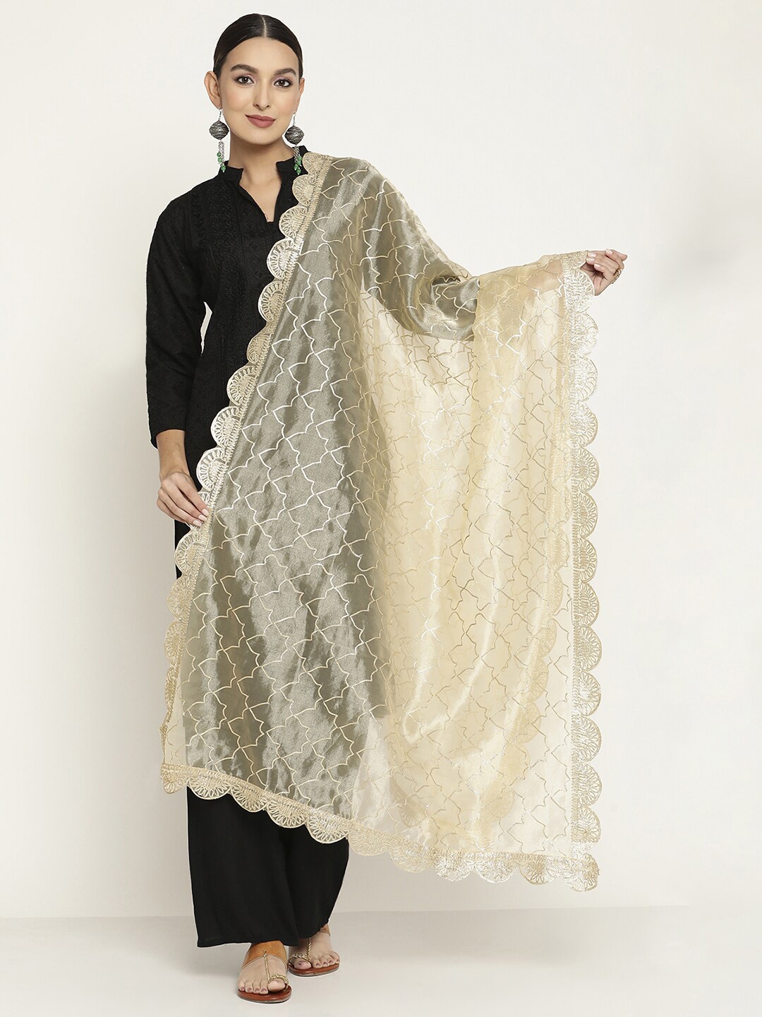 

Sugathari Women Beige & White Ethnic Motifs Embroidered Organza Dupatta