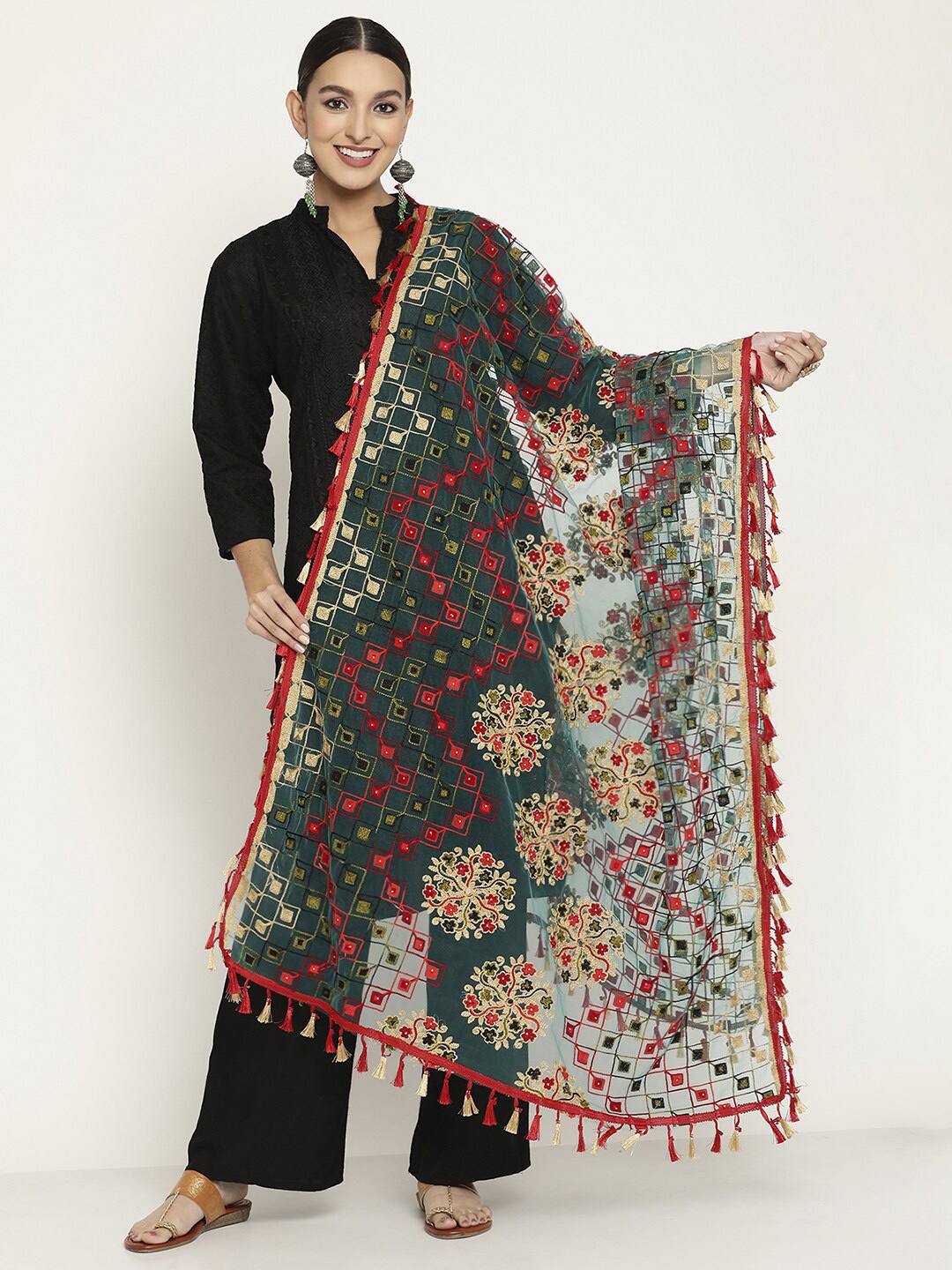 

Sugathari Women Turquoise Blue & Red Embroidered Dupatta