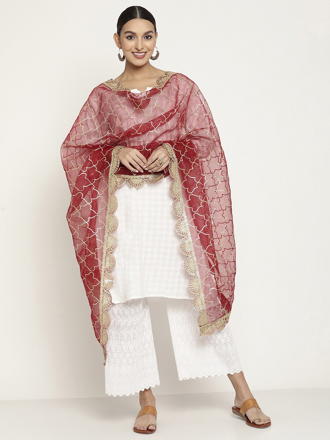 

Sugathari Women Maroon & Gold-Toned Ethnic Motifs Embroidered Organza Dupatta