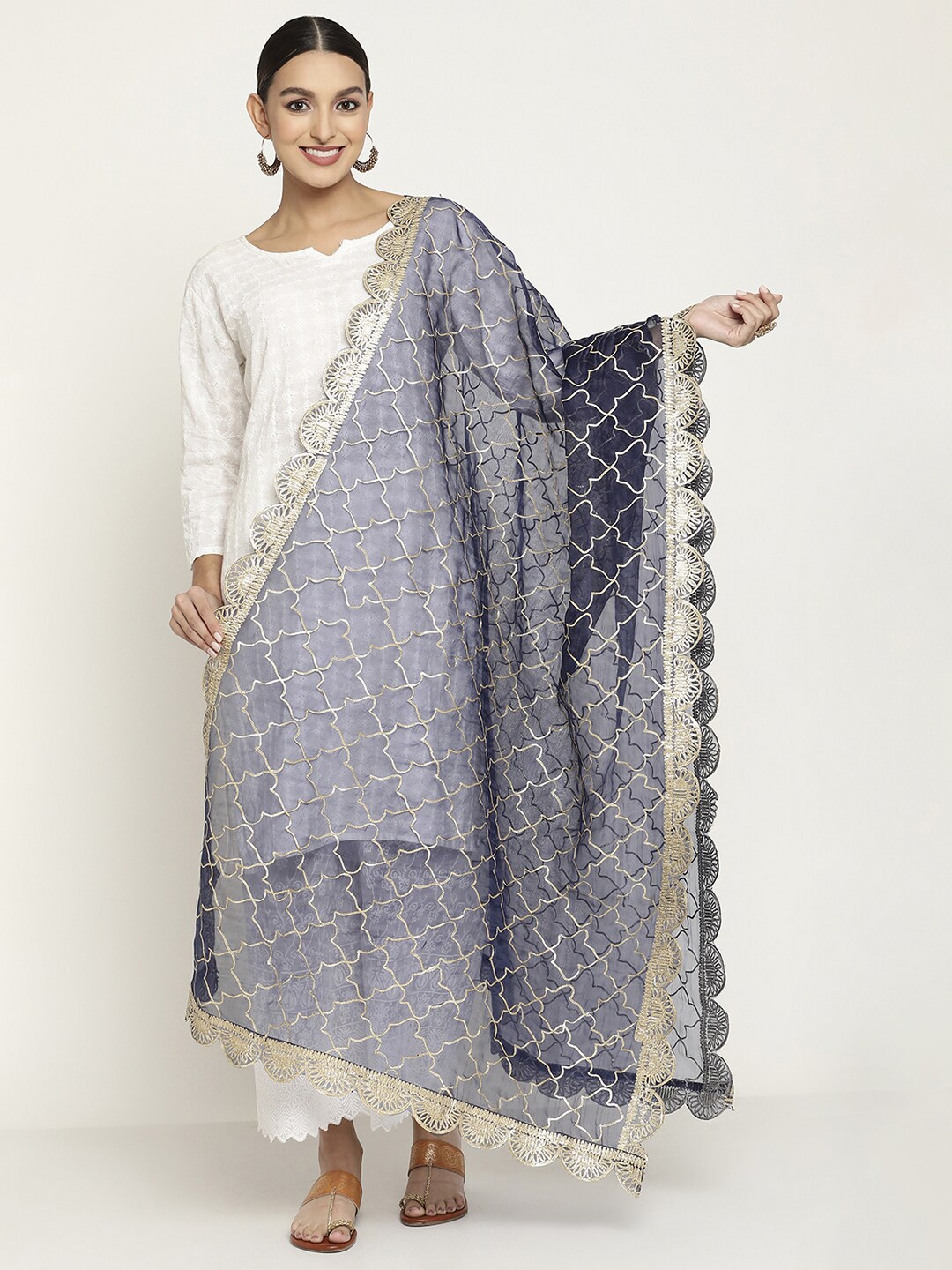 

Sugathari Women Navy Blue & Gold-Toned Ethnic Motifs Embroidered Organza Dupatta