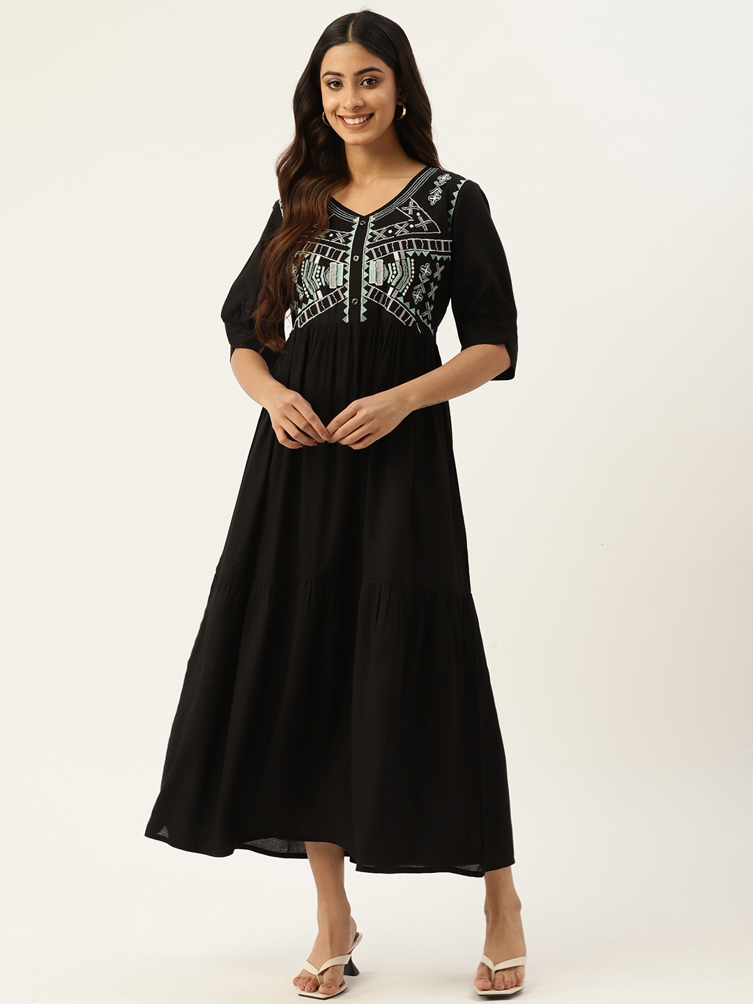 

RangDeep Geometric Embroidered Puff Sleeves Ethnic Dress, Black